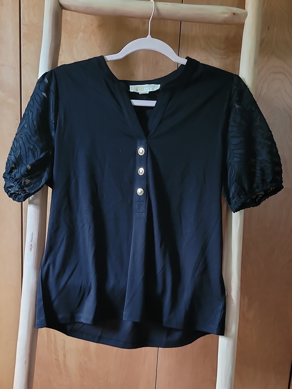 Michael Kors Black Lace Sleeve Henley Top with Gold Buttons